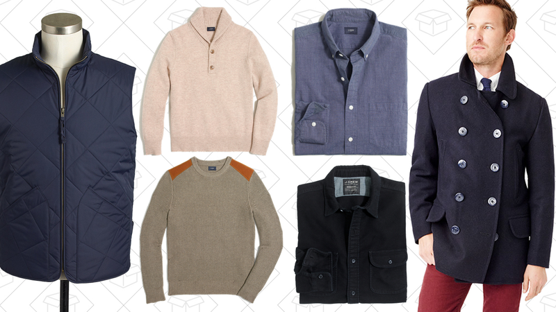 Walker Vest, $48 | Lambswool Shawl-Collar Sweater, $42 | Shoulder-Patch Cotton Crewneck Sweater, $54 | Washed Shirt in End-on-End Cotton, $36 | Moleskin Workshirt, $54 | Classic Peacoat, $119